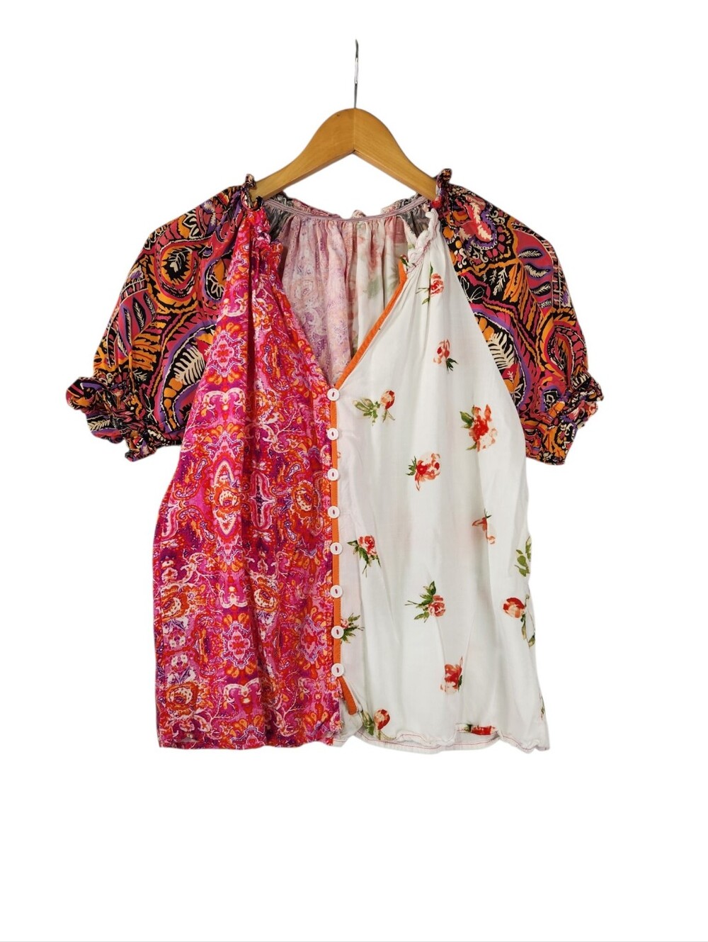 Boho Patchwork Peasant Blouse Women's Small Floral Paisley Mixed Print Top S